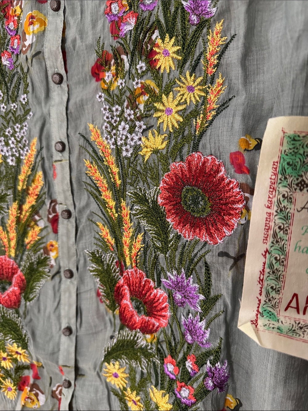 AR5 • Aratta Mia Grace Shirt Floral Embroidered Bohemian Button Down Light Olive - Picture 7 of 8